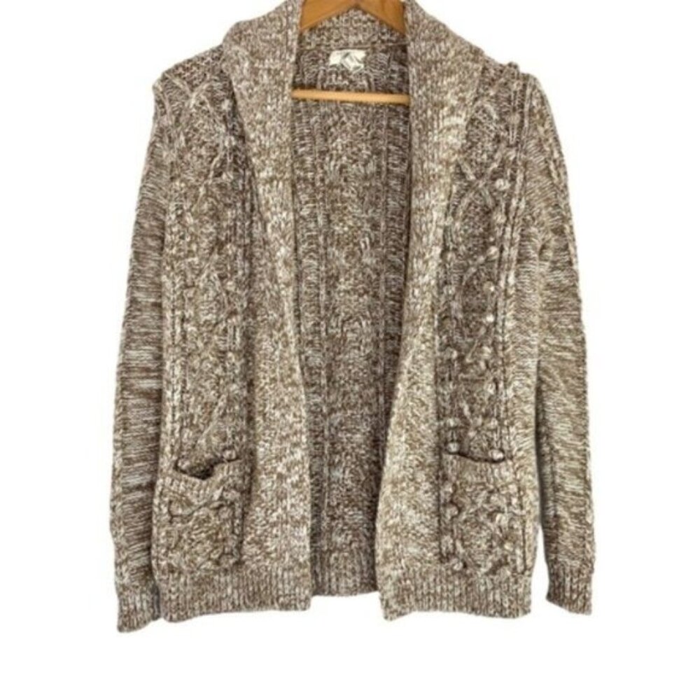 Lands End Canvas Marled Knit Open Front Sweater Cardigan with Pompom Bobbles - Picture 1 of 4